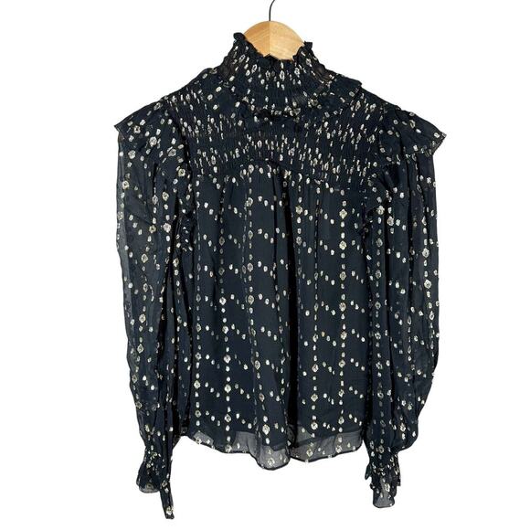 ULLA JOHNSON Mila Shirred Ruffle Metallic Silk Blend Chiffon Blouse Size 0 - Picture 1 of 14